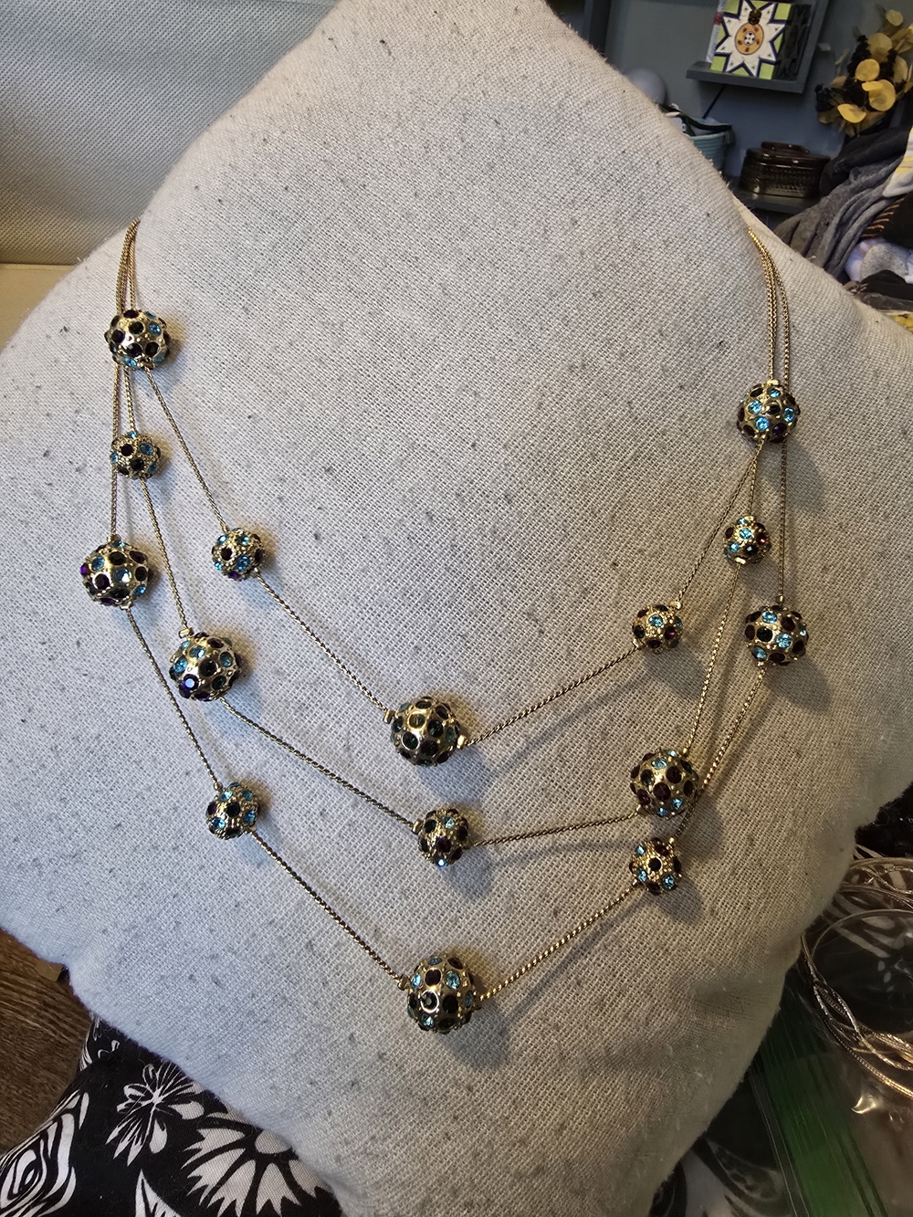 Multi-Strand Gold Necklace with Blue and Teal Crystal Beads - Unbranded